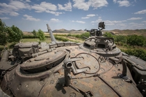 Abandoned T- tank that was used during the Nagorno-Karabakh War standing near the ghost town of Aghdam in Republic of Artsakh