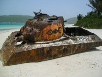 Abandoned WWII US Army tank on iconic Flamenco Beach Culebra Puerto Rico 