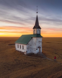 Aerial of an abandoned church in Saskatchewan Canada IG herrywithane
