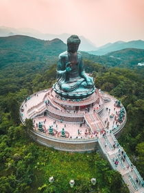 Aerial photography of Tian Tan Buddha in Hong Kong