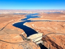 Aerial view of Glen Canyon Dam along the Colorado River in northern Arizona