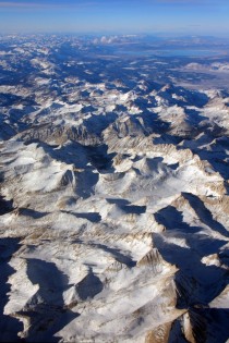 Aerial view of the Sierra Nevada mountain range US on an exceptionally clear day Looking NNW with Mills Creek cirque at center 