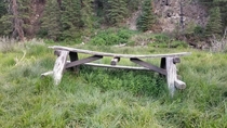An abandoned picnic table in a canyon 