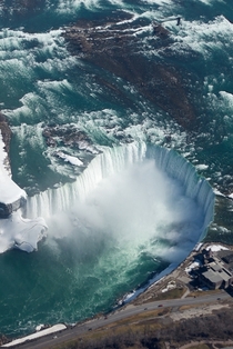 An aerial view of Niagara Falls in the winter Border of Ontario Canada amp New York USA 