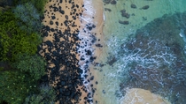 An interesting contrast of black rocks along a light-colored beach Taken in Kauai HI 