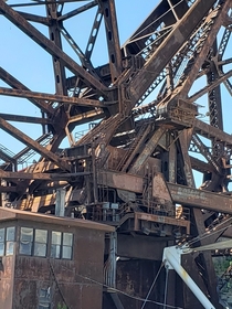 An old defunct bridge mechanism at the Cuyahoga River in Cleveland