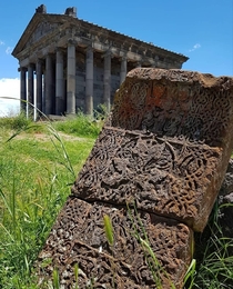 Armenian medieval Khackhar Cross-stone amp Garni Temple in background Armenia