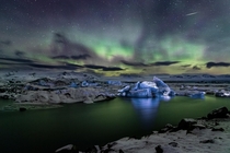 Aurora borealis over a glacial lagoon in Iceland  OC