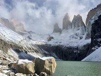 Autumn snowfall over Torres del Paine Patagonia Chile OC 