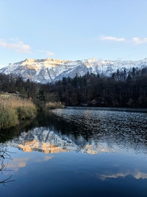 Beautiful reflection of the mountain on the lake today location Burgseeli Switzerland 