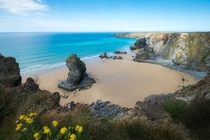 Bedruthan Steps in Cornwall on a perfectly clear day Cornwall UK 