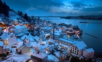 Blue hour at one of the most beautiful villages Salhus Bergen Norway 