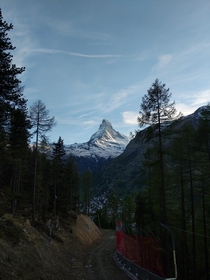 Bright clear Matterhorn from a hiking trail above Zermatt around an hour before sundown 