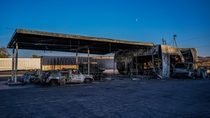 Burned down gas station and cars - Mojave Desert