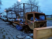 Burnt out lorry in the outskirts of the Hamburg port area