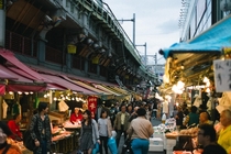 Busy market under a bridge in Tokyo 