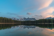 Calm lake reflection in Alberta Canada 