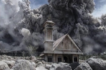 Church abandoned by the eruptions of Mount Sinabung volcano in Karo Indonesia
