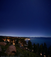 Clear New Years Eve night sky over Lake Tahoe 