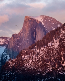 Close up of Half Dome on a winter sunset 