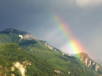 Close view of a rainbow in the mountains near Golden BC 
