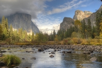 Cloud Capped El Capitan and the Three Brothers from the Merced River in Yosemite  x