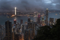 Clouds clear away from Victoria Harbour after a storm in Hong Kong 