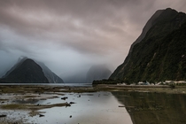 Cloudy sunset  Milford Sound New Zealand 