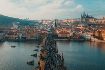 crowded Charles Bridge in Prague Czech Republic 
