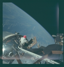 David Scott taking in the view during an EVA from Command Module Gumdrop seen from docked Lunar Module Spider   x-post rHI_Res