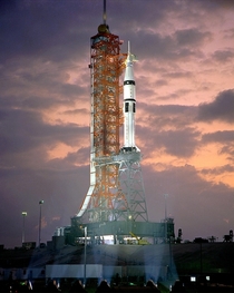 Dawn breaks behind the ASTP Saturn IB launch vehicle during the Countdown Demonstration Test -- July   