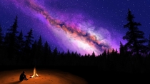 Digital painting of Milky Way from pine woods with a campfire