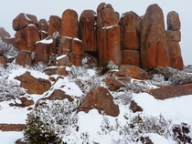 Dolerite Boulders in Snow Tasmania Australia 