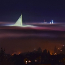 Downtown Belgrade under heavy fog photo taken from the Banovo Brdo neighbourhood