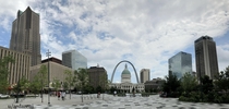 Downtown St Louis Missouri and the Gateway Arch seen from Kiener Plaza 