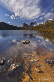 Early morning reflections in Dove Lake at Cradle Mountain in Tasmania Australia 