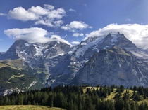 Eiger Mnch and Jungfrau peaks from near Mrren Switzerland 