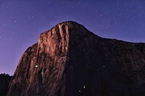 El Cap by night Yosemite national park California Lights on the wall are climbers in their portaedge  x