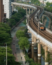 Elevated railway built along an urban stream in Busan South Korea 