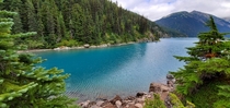 Emerald blue waters of Garibaldi Lake BC Canada 