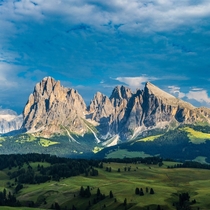 Evening light over the peaks of Langkofel in the Dolomites Italy 