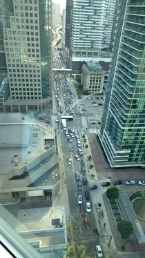 Expressway snaking around skyscrapers in Toronto Canada 