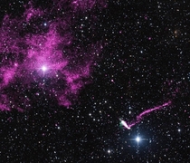 extraordinary jet trailing behind a runaway pulsar is seen in this composite image