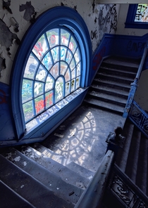 Fancy blue staircase inside an abandoned school PA 
