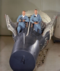 Fifty years ago in  Astronauts Buzz Aldrin and Jim Lovell stand by a mockup of their Gemini XII spacecraft the final Gemini flight Aldrin would later be the second man to walk on the moon and Lovell would safely return Apollo XIII to Earth 