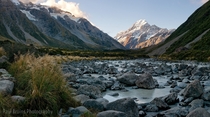 Five image panorama of Mount Cook New Zealand captured shortly before sunset by Panorama Paul 