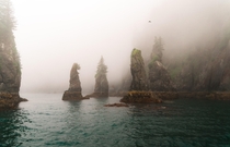 Fog and wildfire smoke mix at spire cove Shot from a boat in Kenai Fjords National Park Alaska 