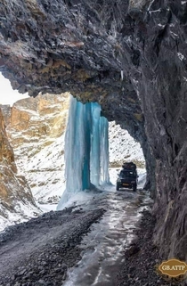 Frozen waterfall on Skardu road after -c Gilgit Baltistan 