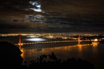 Full moon spotlight over Golden Gate Bridge 