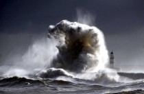 Gale-force winds at the harbor in Seaham England 